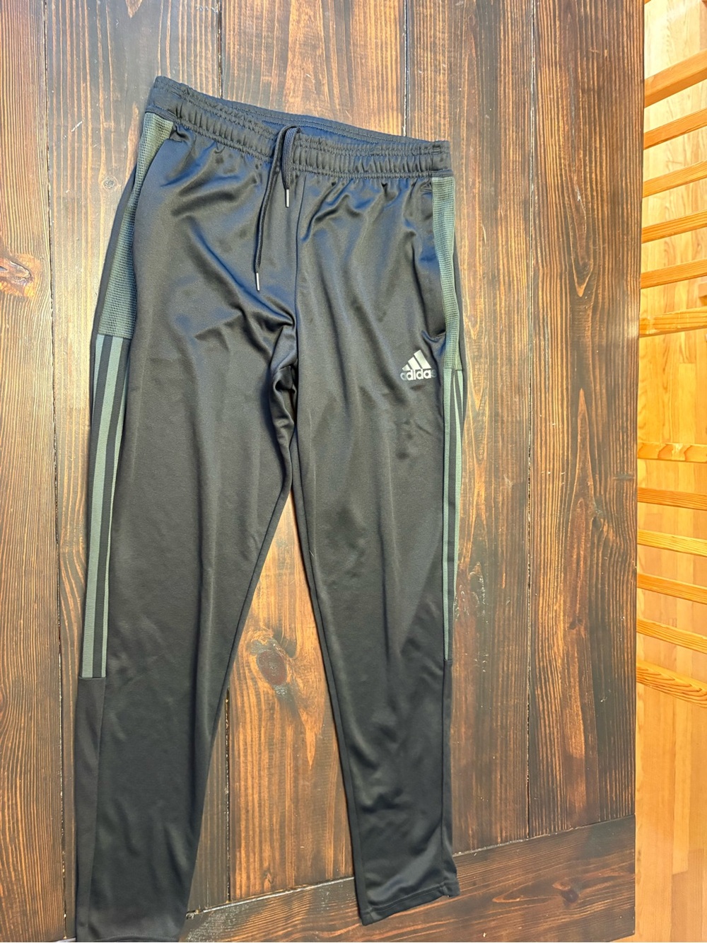 adidas Black Jogger Pants with Grey-Green Side Stripes. Soccer pants medium